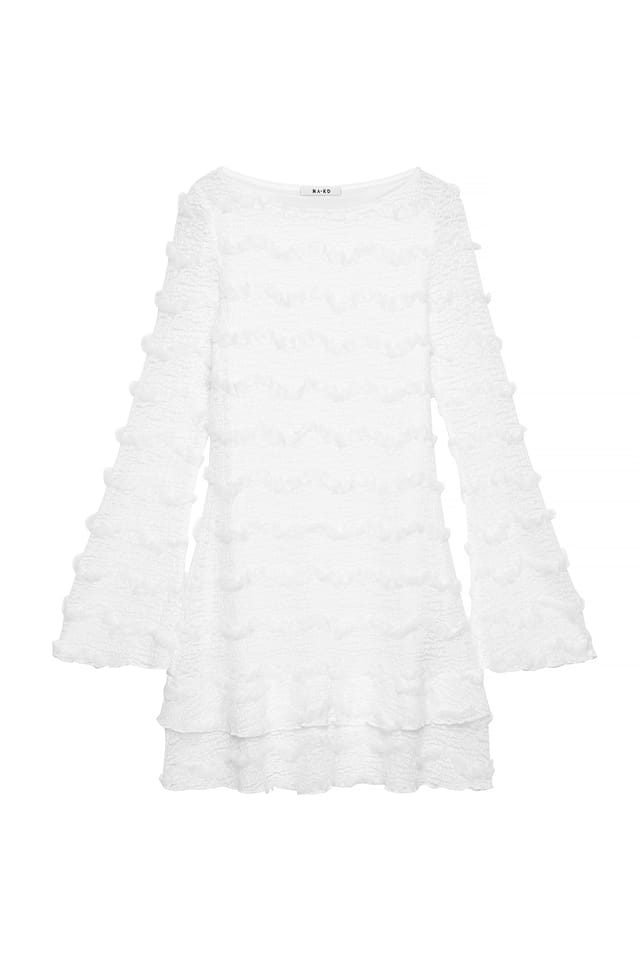 Offwhite langärmeliges Minikleid mit Rüschen