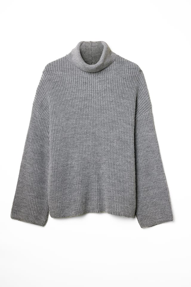 Grey Long Turtle Neck Knitted Sweater