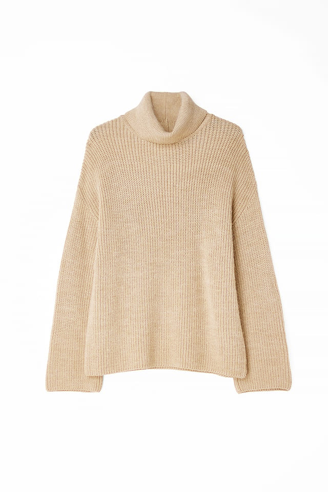 Beige Long Turtle Neck Knitted Sweater