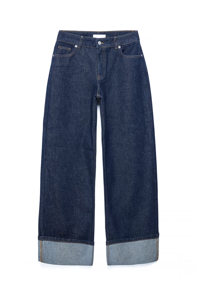 Dark Blue Vaqueros de corte ancho con detalle de doblez