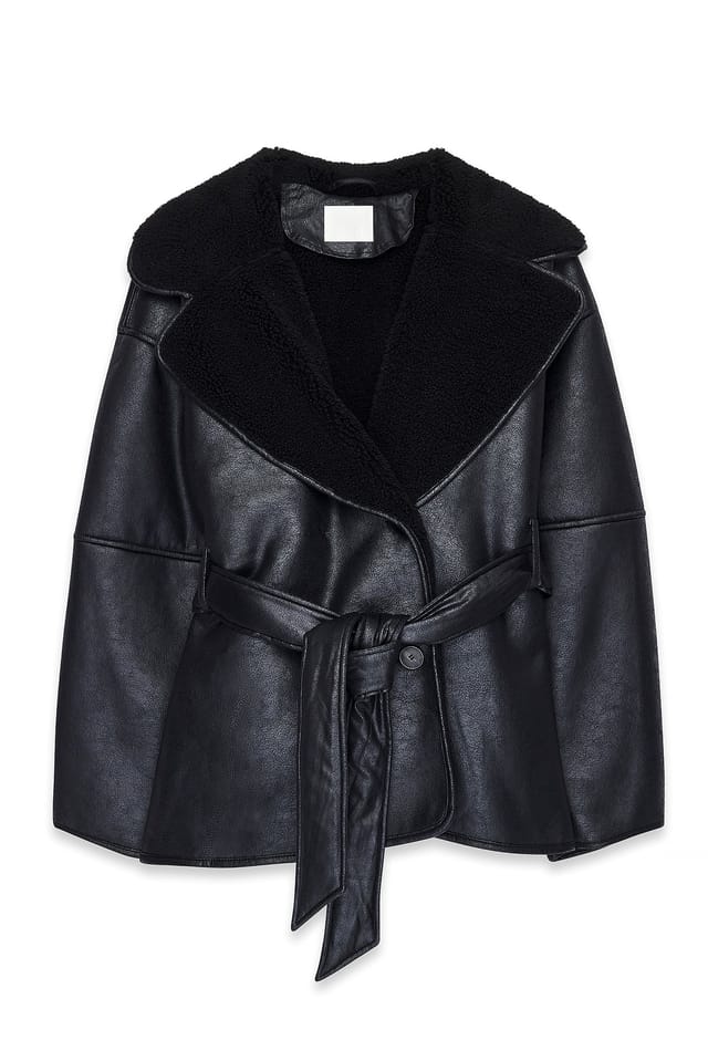 Black Oversized Belted Shearling Jacket