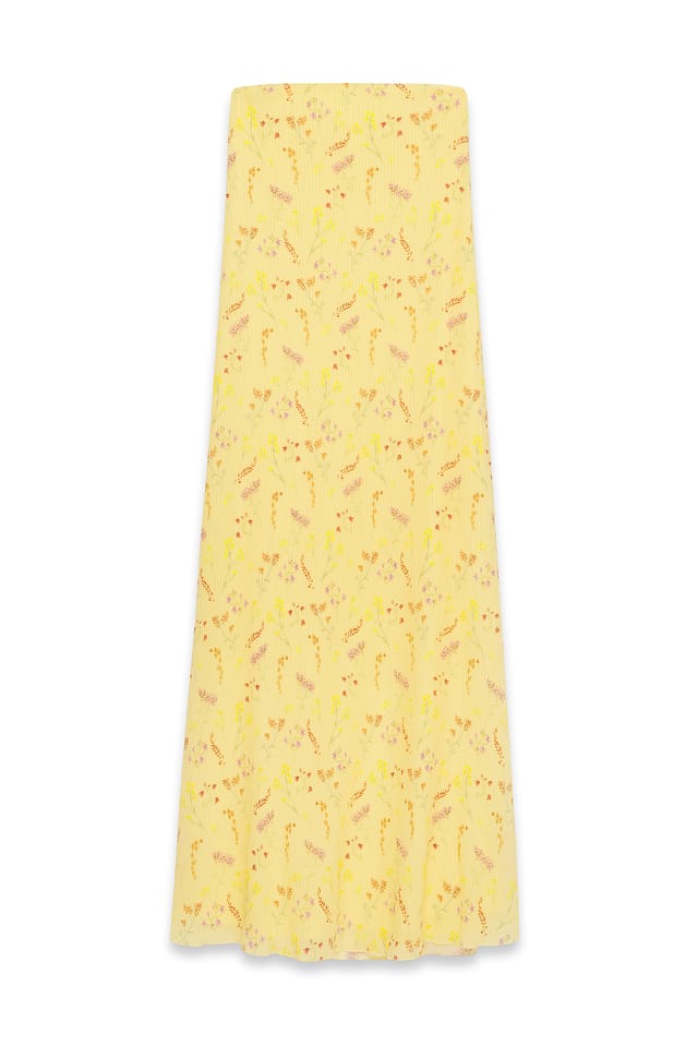 Yellow Flower Print Maxi-Tube-Kleid mit Plissee