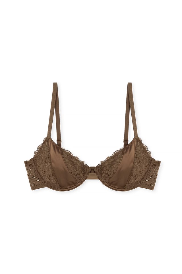 Dark Brown Satin Detail Wire Bra
