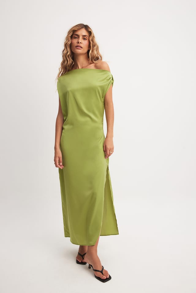 Olive Green Einseitig schulterfreies Satin-Midikleid