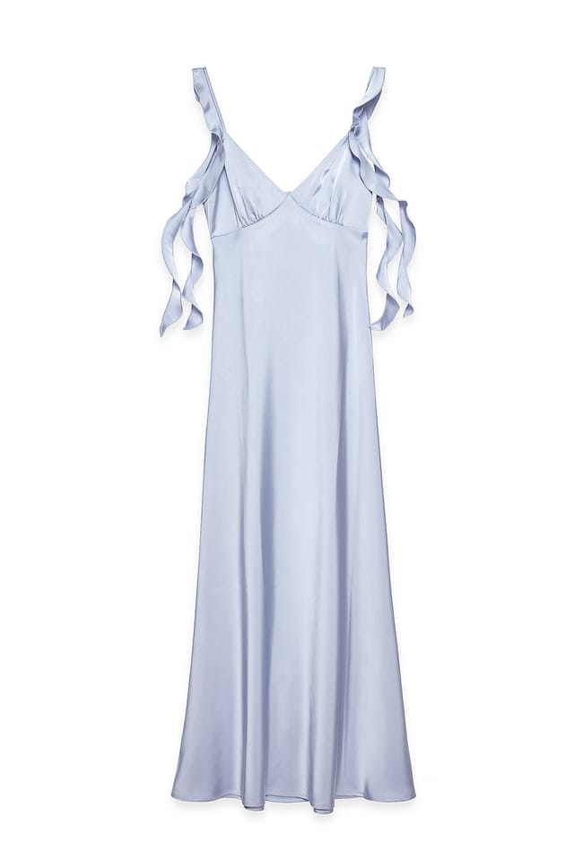 Light Blue Maxikleid aus Satin mit gerafften Schultern