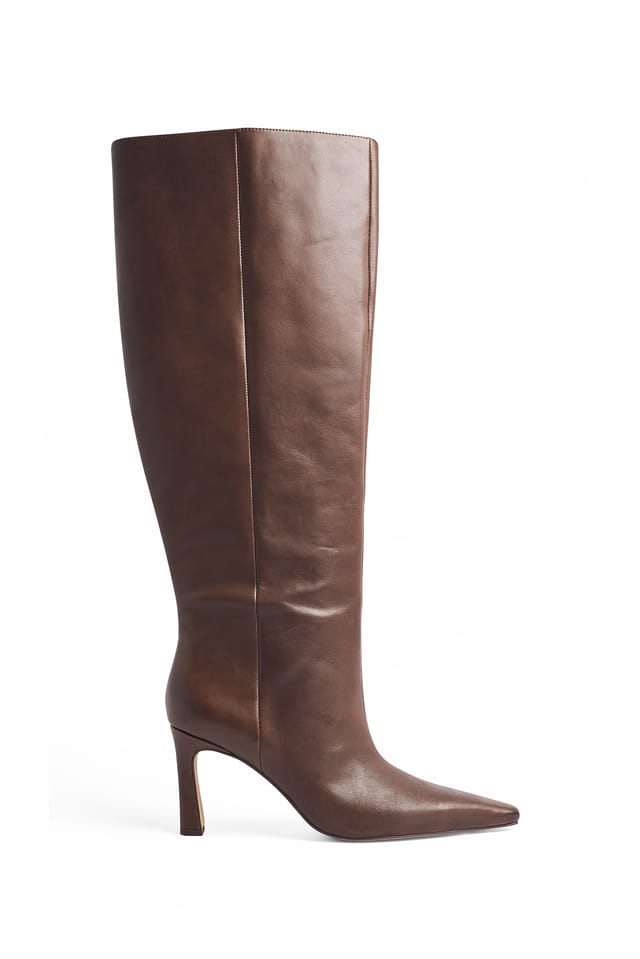 Dark Brown Slim Toe Leather Knee High Boots