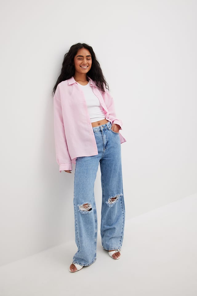 Light Blue Sanfte steife weite Jeanshose im Destroyed-Look