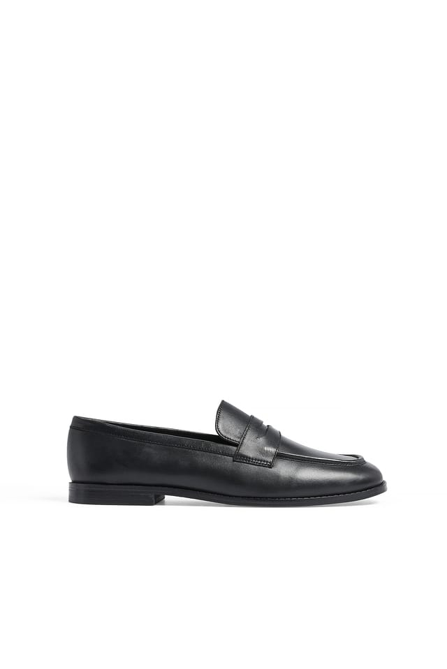 Black Squared Toe Leather Loafers