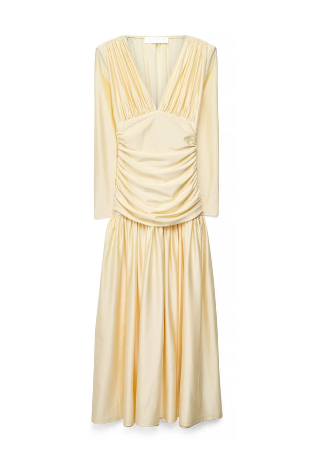 Light Yellow V-Neckline Draped Maxi Dress