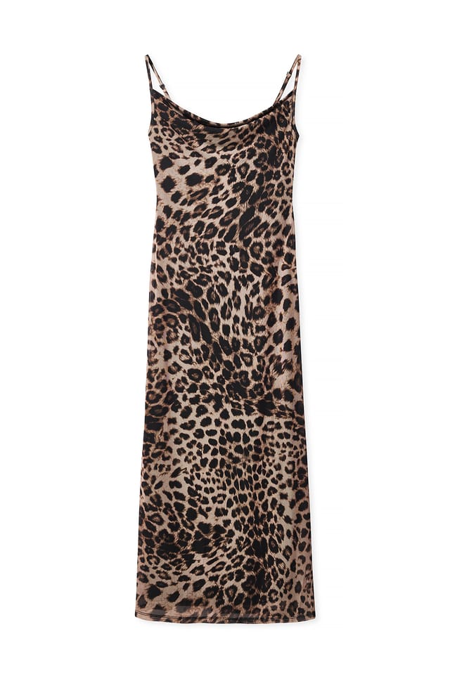 Leopard Maxikleid aus Mesh mit Wasserfallausschnitt