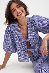 Cotton Tie Front V Neck Blouse