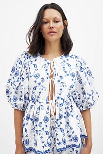 Embroidered Contrast Tie Front Blouse