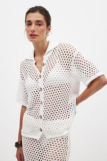 Hole Knitted Buttoned Short Sleeve Sweater