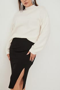 Ribbed Slit Midi Skirt