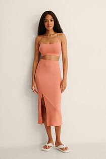 Ribbed Slit Midi Skirt