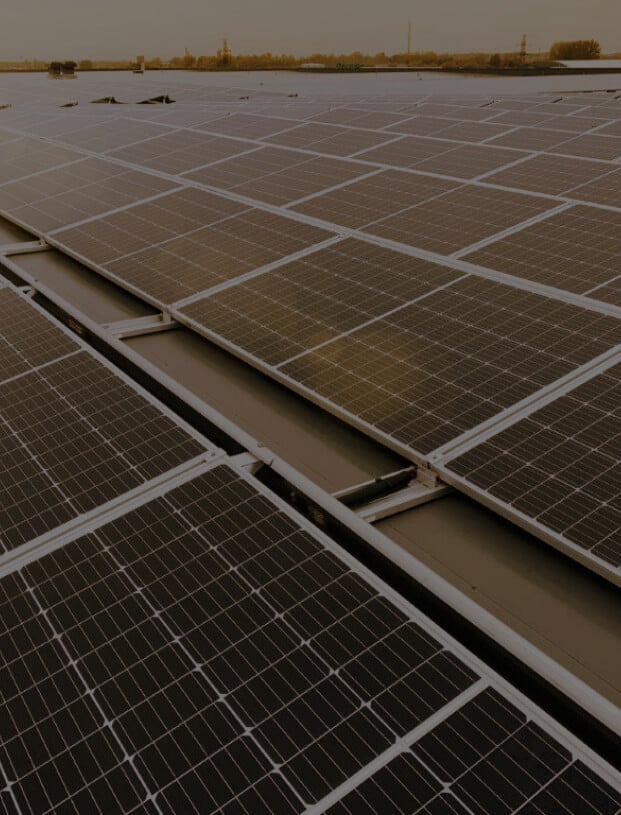 Solar panels on roof at dusk