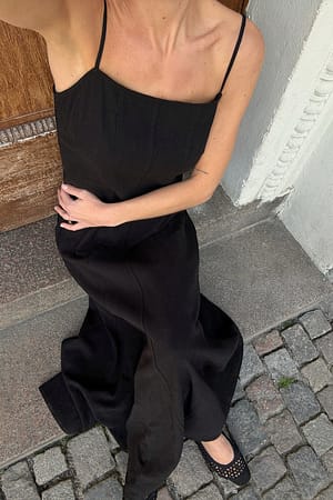 Black Linen Blend Seam Detail Maxi Dress