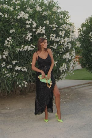 Black Frill Detail High Slit Sequin Maxi Dress