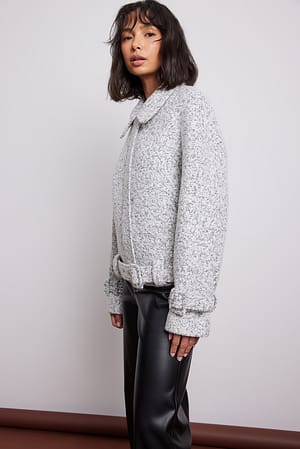 White/Black Wool Blend Belted Short Jacket