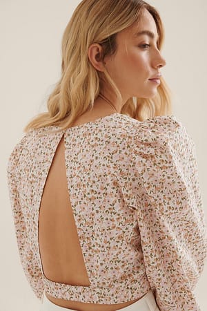 Pink Flower Print Balloon Sleeve Blouse