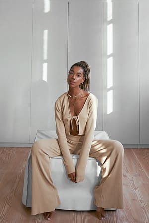 Beige/Brown Pantalon en tricot côtelé