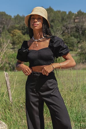 Black Puff Sleeve Smock Top