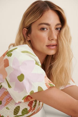 Big Flower Print Puff Sleeve Smock Top