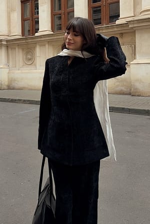 Black Getailleerde chenille blazer met hoge kraag