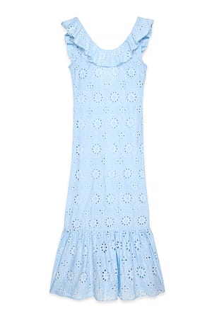 Light Blue Maxikjole i broderie anglaise med flæse i kanten