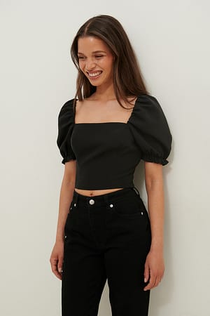 Black Crop blouse met pofmouwen
