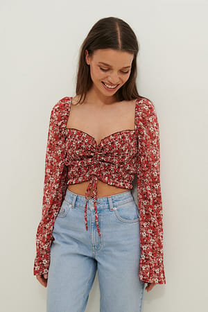 Red Flower Smockbluse Med Lange Ermer