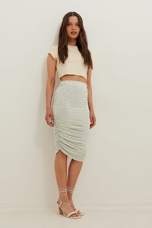Green Flower Print Mini jersey rok met ruches