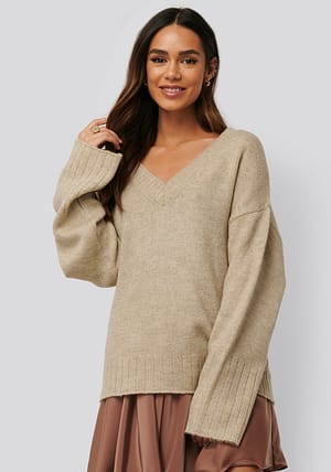 Beige V-neck Oversized Knitted Sweater