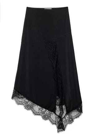 Black Asymmetrischer Midirock aus Spitze