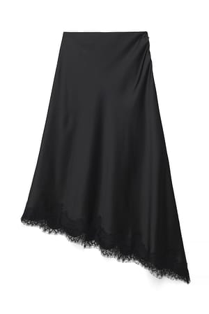 Black Asymmetric Satin Lace Midi Skirt