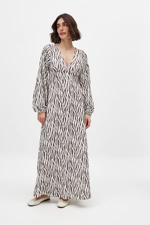 Zebra Brown Maxikleid mit Ballonärmeln und offenem Rücken