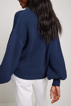 Navy Balloon Sleeve Round Neck Sweater
