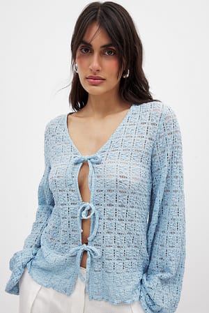 Light Blue Balloon Sleeve Tie Top