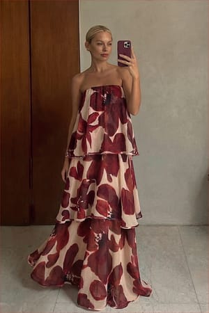 Abstract Floral Bandeau-Maxikleid mit Rüschen