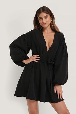 Black Ballonärmel V-Ausschnitt Kleid