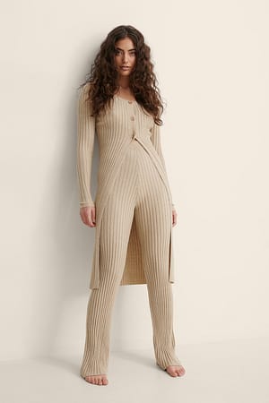 Beige Melange Rib-gebreide lange vest
