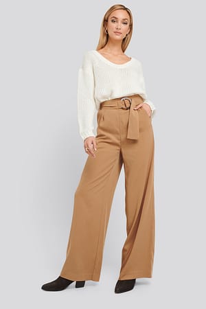 Beige Belted Wide Leg Pants