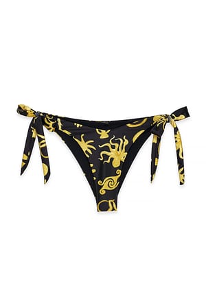 Black/Gold Pattern Braguita de bikini con nudo grande y corte en V