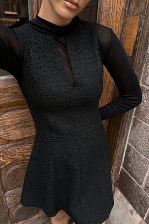 Black Boucle V Neck Mini Dress