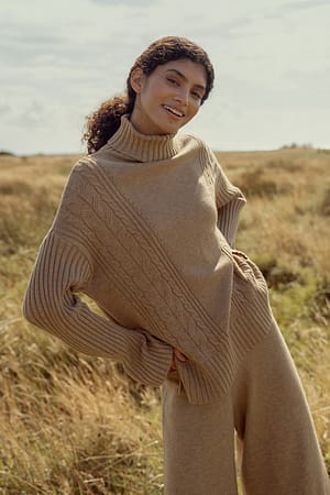 Beige Braided Knitted Turtle Neck