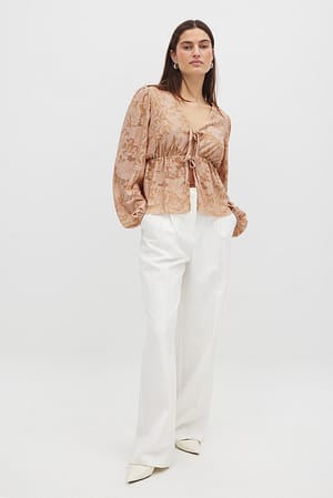 Beige Burn Out Puff Sleeve Top