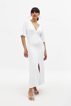 White Button Detail Midi Dress