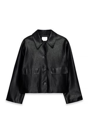 Black Button Detail Short Faux Leather Jacket