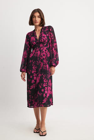 Pink Floral Midiklänning med knappar framtill