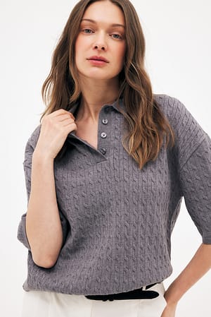Grey Melange Korte top met korte mouwen en kabelmotief